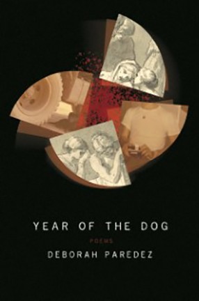 A book cover with text and a collage against black. Title: Year of the Dog.
