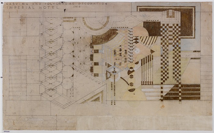 Imperial Hotel (Tokyo, Japan). Demolished 1968, Scheme 2. Paint, pencil, and colored pencil on tracing paper.Image Courtesy of The Frank Lloyd Wright Foundation Archives (The Museum of Modern Art | Avery Architectural & Fine Arts Library, Columbia University, New York)