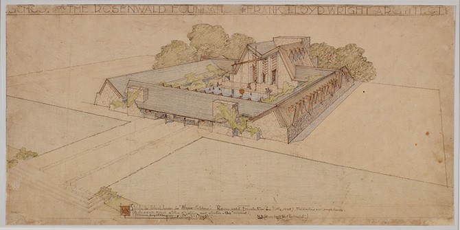 Rosenwald Fund School (Hampton, Virginia). Unbuilt Project. 1928. Pencil and colored pencil on tracing paper. Image Courtesy of The Frank Lloyd Wright Foundation Archives (The Museum of Modern Art | Avery Architectural & Fine Arts Library, Columbia University, New York)