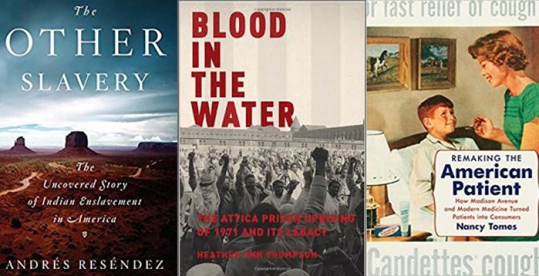 image is of three book jackets the other slavery in white text across a blue horizon sky atop of a prairie, blood in the water lettering displays a crowd of people at a rally and remaking the american patient cover reveals a mother administering medication to her young child