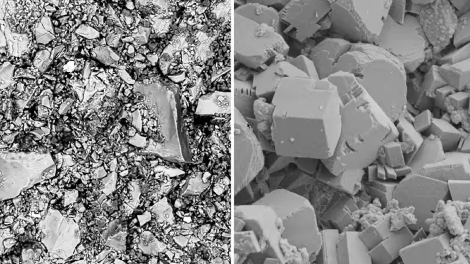 olivine rocks (left) with products made when olivine reacts with carbon dioxide (right) through carbon mineralization
