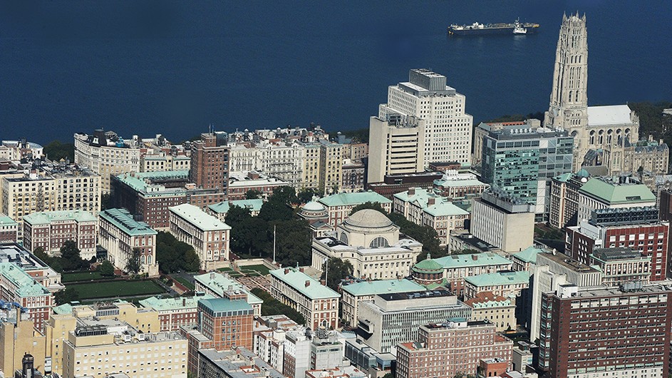 Aerial view of Columbia University's Morningside campus on the Hudson River in New York City.