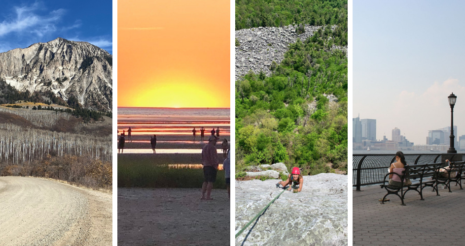 A collage of outdoor locations: a mountain, a beach, a rock climbing wall, an boardwalk.