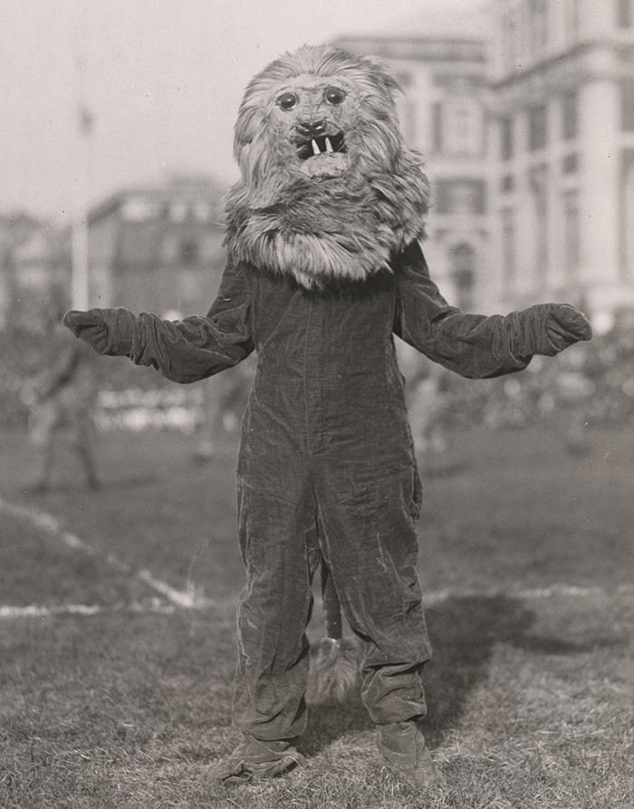 A fearsome Lion mascot in 1921 at a Columbia football game. 