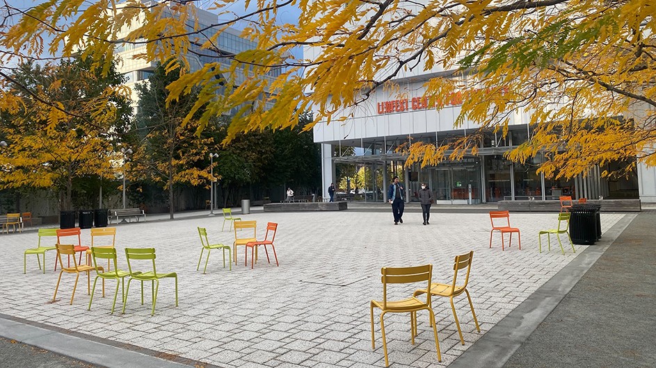 The courtyard in front of the Lenfest Center for the Arts with yellow leaves in the foreground.