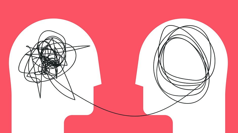 A graphic of a ball of twine unraveling between two heads