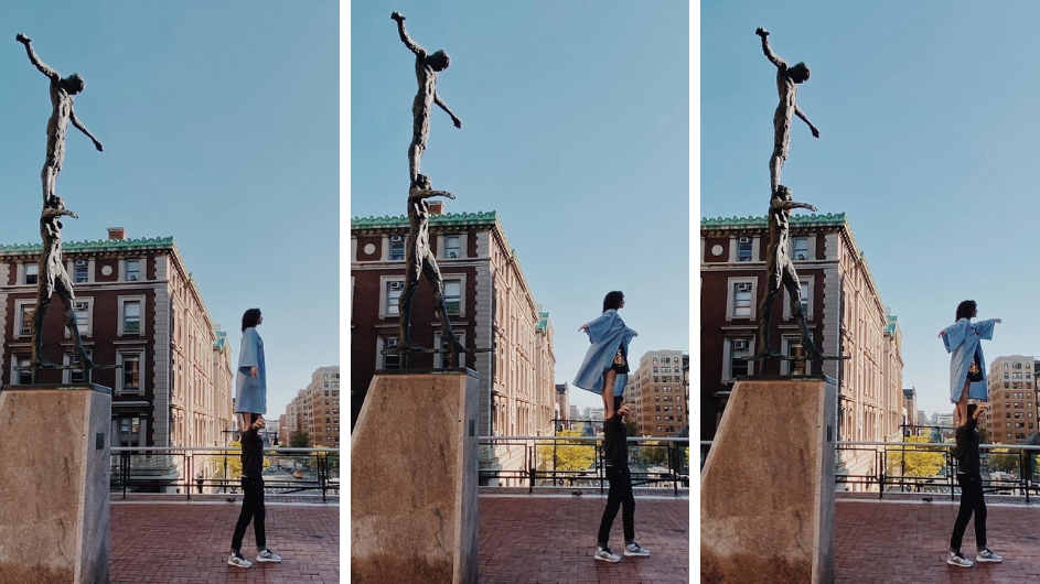Three side-by-side photos of people walking next to the tightrope statue on Revson Plaza in graduation gowns. 