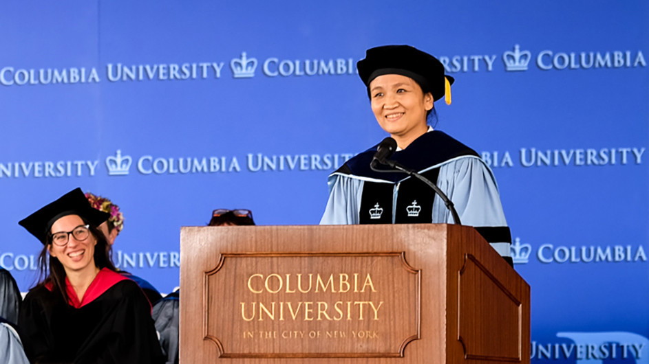 Tian Zheng speaks at the Graduate School of Arts and Science's 2019 convocation. Tian Zheng