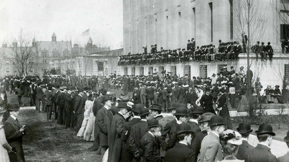 Crowds at Butler's Inauguration next to Low Library.