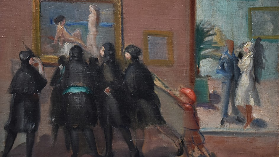 Omar Onsi, A l’Exposition (Young Women Visiting an Exhibition), c. 1932. Oil on canvas; 14 ¾ x 17 ¾ in. (37.5 x 45 cm). Courtesy Samir Abillama Collection.