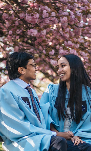 Stefani Shoreibah (BC'21) and her boyfriend, Shaan Pandiri (CC’21), on Columbia’s campus with a magnolia tree. 