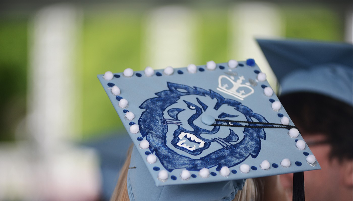 A painted lion on a mortar board