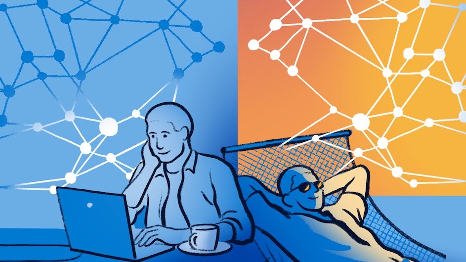 Illustration of a person actively studying and a person relaxing. The person relaxing is shown in front of a neural network that is more brightly illuminated than the person who is actively studying.