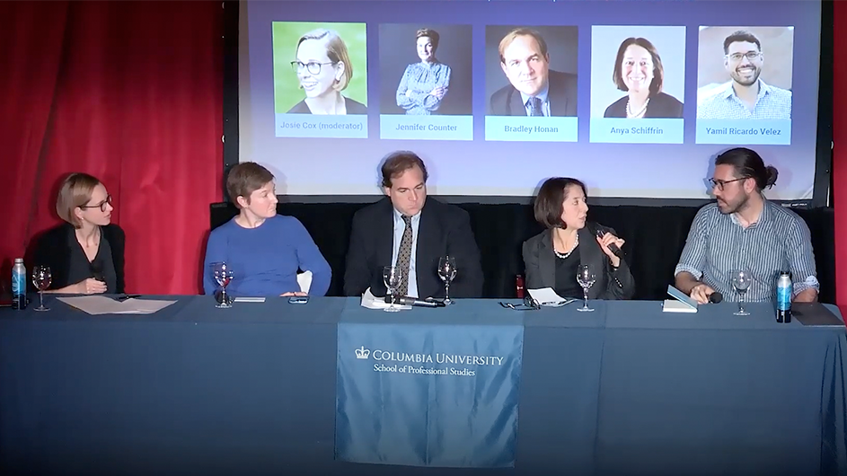 Four panelists discuss political disinformation. 