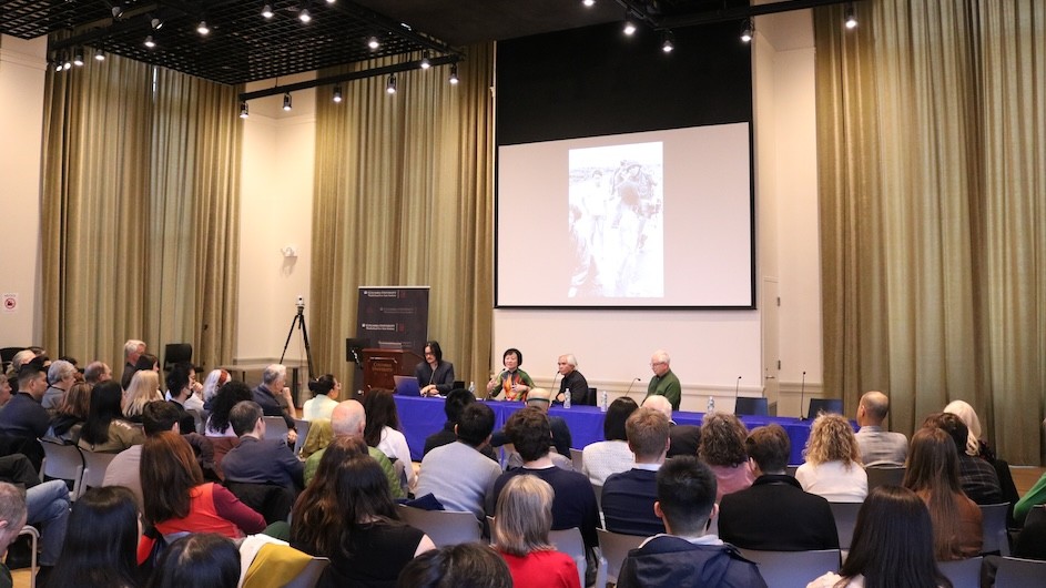 Panel discussion of "Legacy of Vietnam War" talking to a full audience at Columbia University.