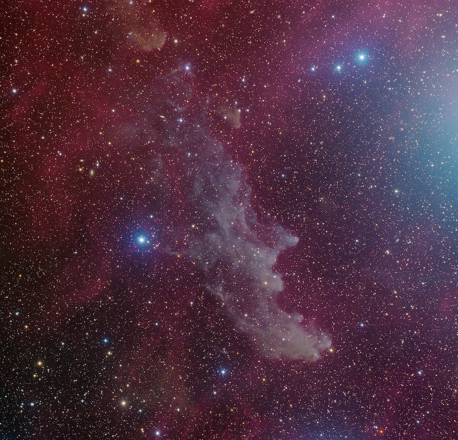  IC 2118, a giant cloud of gas and dust also known as the Witch Head Nebula.  H-alpha emissions, which are observed over most of the Orion constellation, are shown in red. This H-alpha image was taken by the MDW Survey and is included in today’s data release.