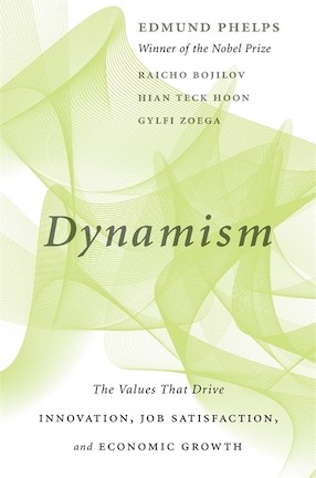 An image of a book cover for Edmund Phelps's Dynamism. It has a chartreuse abstract image in the background.