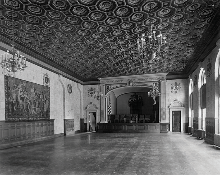 Interior of an auditorium with gilded ceiling