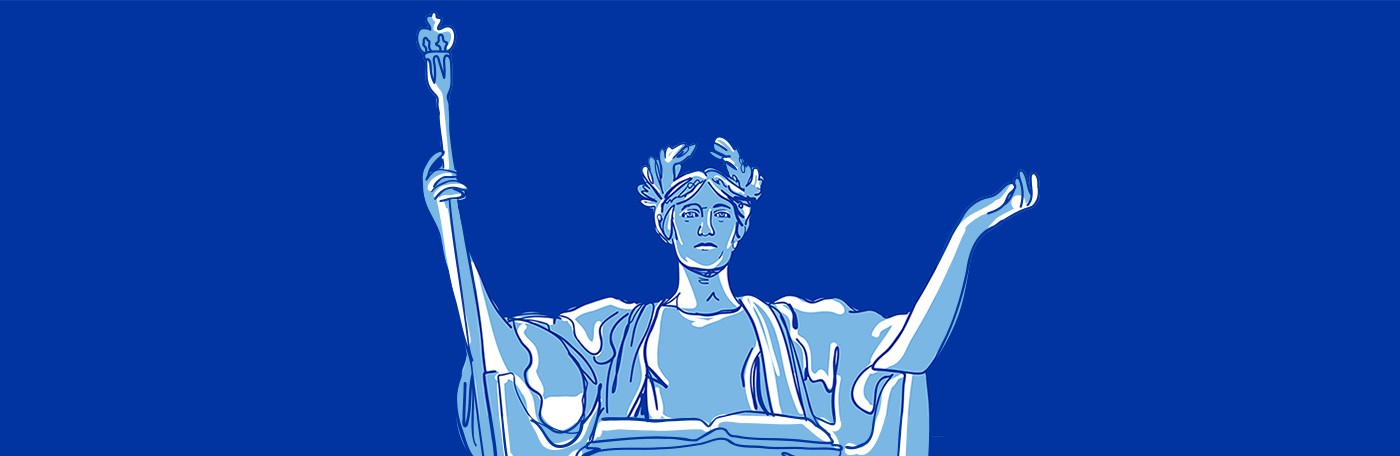 Blue-toned illustration of the statue of Alma Mater, a seated woman in classical robes with a laurel wreath in her hair, holding a scepter. 