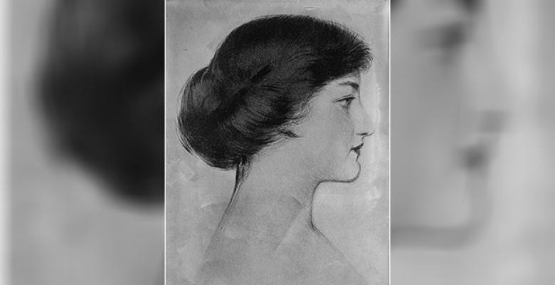 A black-and-white profile sketch of a woman with her long hair pulled back in a bun at the nape of her neck