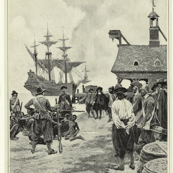 Drawing of slave owners arriving at Jamestown with slaves. 