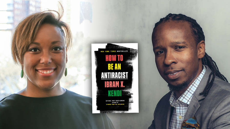 An image of a headshot of a woman with light brown hair wearing green earrings and a black shirt on the left and a headshot of a man with long dark hair wearing a light buttoned down shirt and a gray blazer with an image of a book "How to Be an Antiracist" in the center of the picture