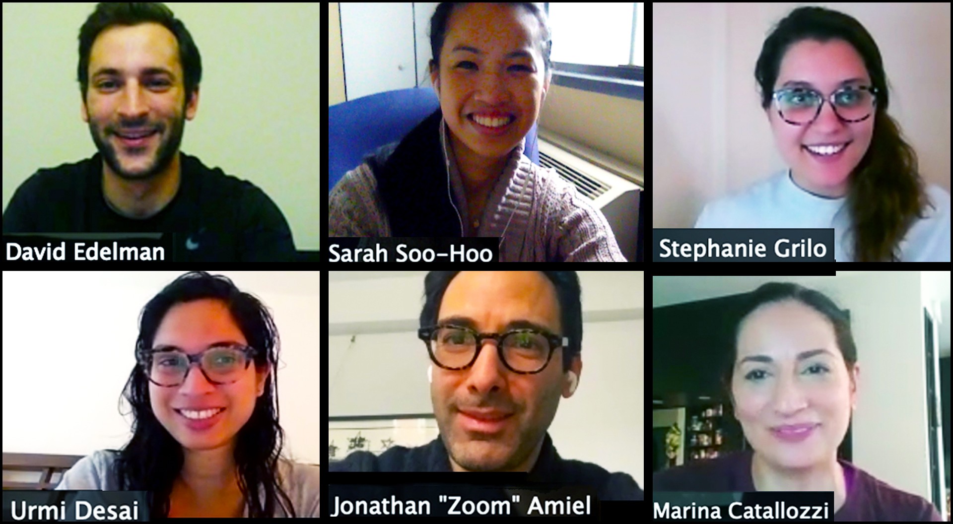 Screenshot of six Columbia University students and faculty talking to each other remotely in a video conference call.