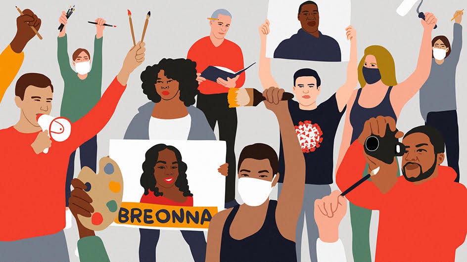 An illustration by Julie Winegard of people protesting, holding up signs, megaphones and and art supplies.