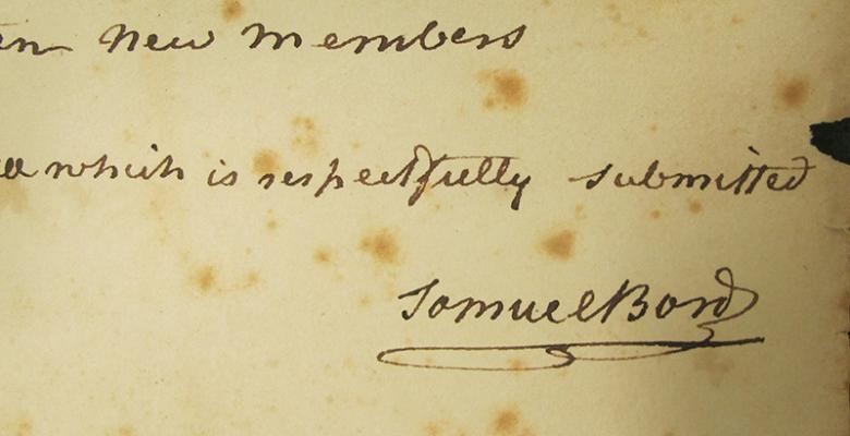 aged paper from early 1800's with the signature of Samuel Bard