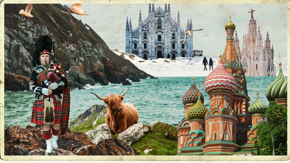 Collage of mountains and sea with British Queens Guardsman with bagpipes and colorful castles in background