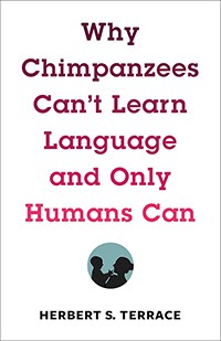 White book cover with red writing and circle with silhouette of man and chimpanzee
