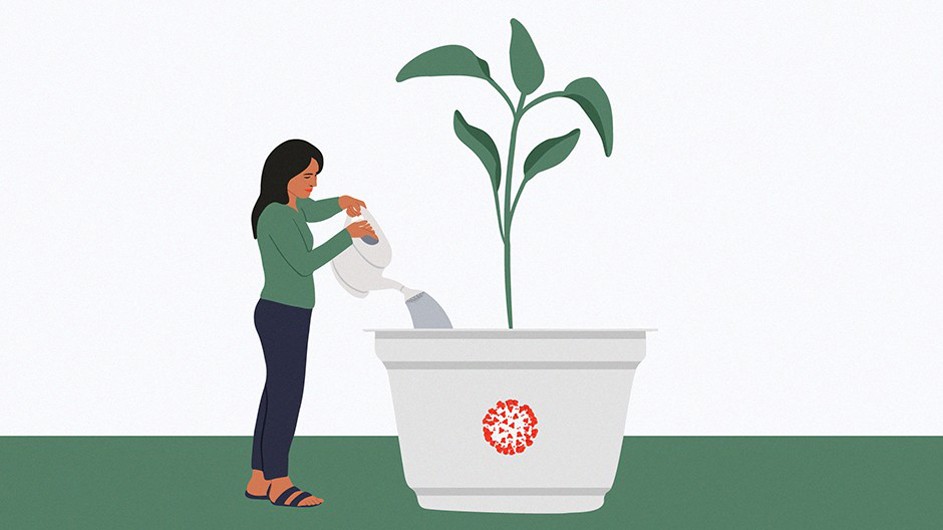 graphic of young woman with green shirt and brown hair watering oversized green plant in white planter with orange logo
