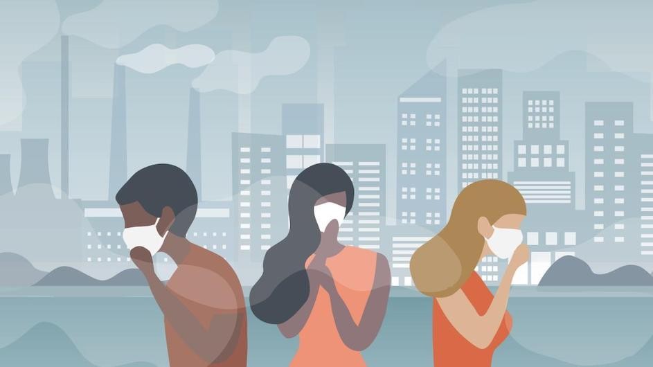 Illustration of people surrounded by air pollution.