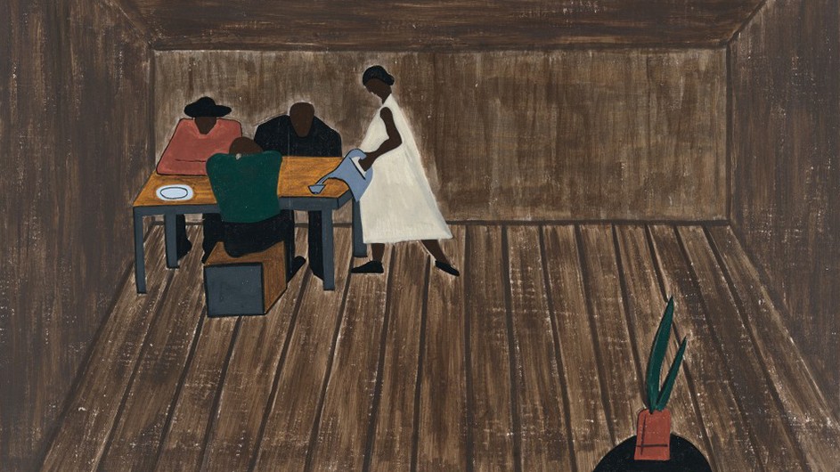 A painting of a Black family seated and standing at a table in a brown room.