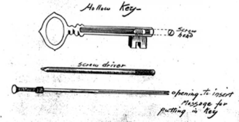 The schematic above, dated 1917, illustrates a top-secret method to smuggle information by rolling tissue-thin paper and slipping it into the barrel of the key. Such Mata Hari-era spy craft has long been obsolete, yet it remained classified until 1992.