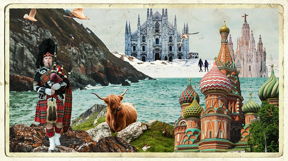 An illustration with a vintage postcard collage effect, with a bagpiper, animals, water, mountains, people, buildings.