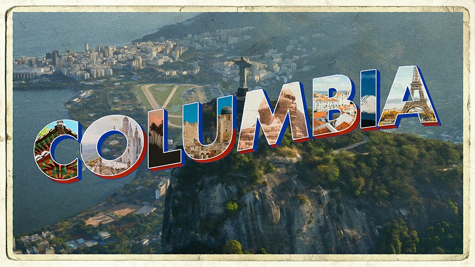 The word "Columbia" with a scene of Rio de Janeiro in the background.