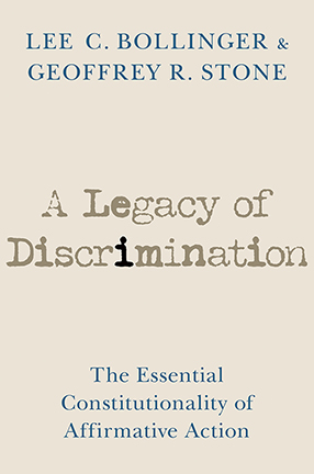 Minimalist tan and blue book cover with the title, "A Legacy of Discrimination: The Essential Constitutionality of Affirmative Action."