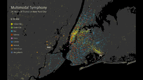 animated graphic visualization of different modes of transportation through New York City