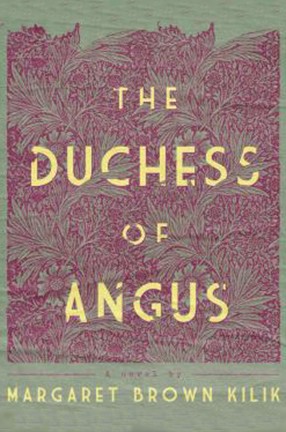A book cover with yellow type against a violet-pink and green design. Title: The Duchess of Angus.