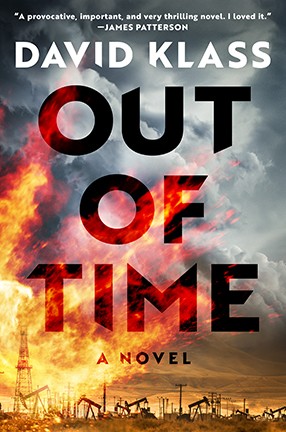 A book cover with white and black text against an image of a fire with smoke. Title: Out of Time.