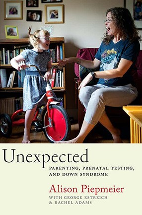 Book cover for Unexpected with a photo of a mother and a daughter on a tricycle smiling at each other, with photos and books in the background.