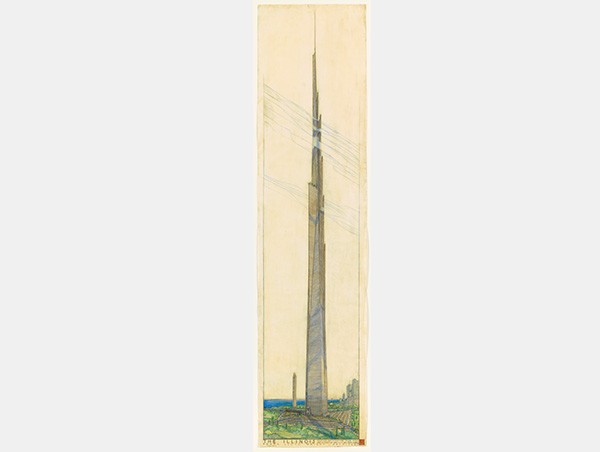 The Mile-High Illinois (Chicago, Illinois). Unbuilt Project. 1956. Pencil, colored pencil, ink, and gold ink on tracing paper. Image Courtesy of The Frank Lloyd Wright Foundation Archives (The Museum of Modern Art | Avery Architectural & Fine Arts Library, Columbia University, New York)