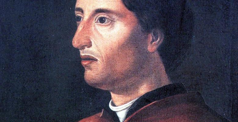 painting of leon battista alberti profile and close up image wearing a deep brown cover with a black color and white crew neck styled shirt 
