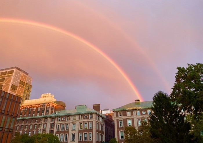 A double rainbow over buildings on Morningside campus.