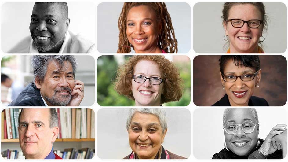 Top, left to right: Hilton Als, Kimberle Crenshaw, Virginia Fortna; middle, left to right: David Henry Hwang, Gillian Lester, Michele Moody-Adams; bottom, left to right: Frederick Neuhouser, Gayatri Spivak, Mabel O. Wilson. Columbia University 2021 American Academy of Arts and Sciences winners