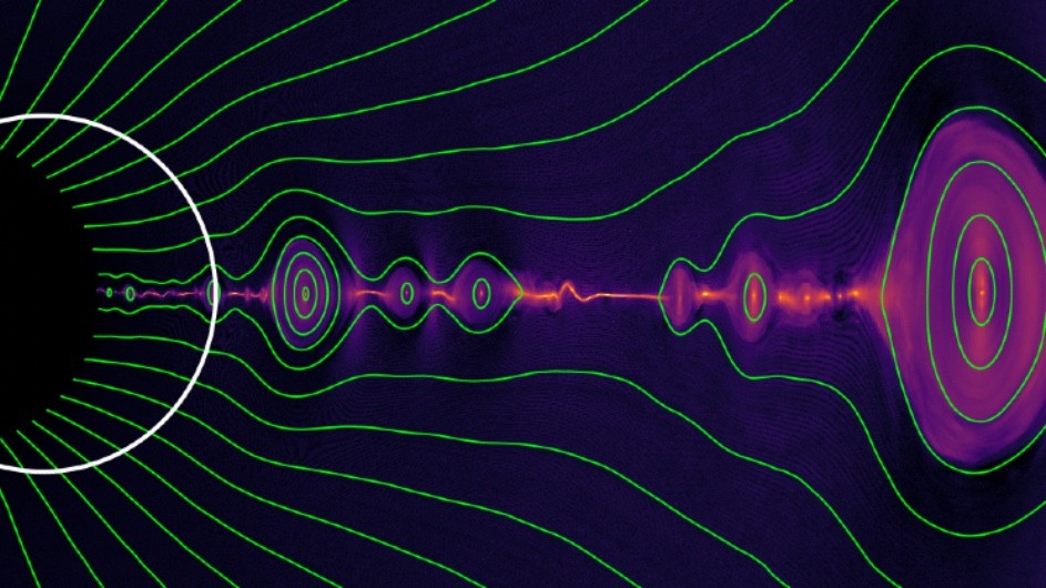 In this image of a black hole losing its magnetic fields, or ‘hair,’ field lines (in green) reconnect to form giant magnetic loops (in orange) that are later swallowed by the black hole or dispersed into space. (Credit: Ashley Bransgrove) A black hole sheds its magnetic fields in a process called magnetic reconnection