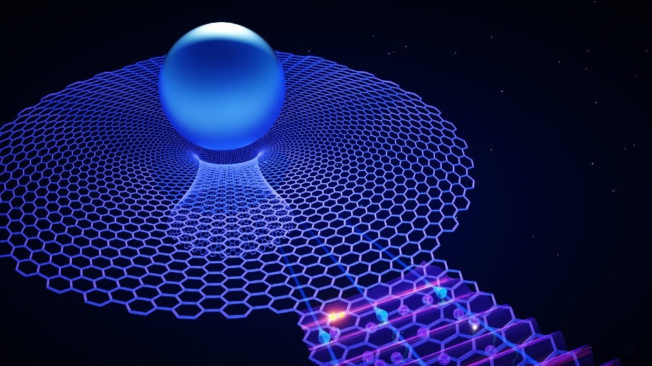In this illustration, a set of polariton waves (at left), interact with drifting electrons in a sheet of graphene. The warped fabric of space-time (upper left) represents the related concept of relativity. Credit: Yinan Dong, Denis Bandurin, and Ella Maru Studio Illustration of polariton waves interacting with drifting electrons in a sheet of graphene.