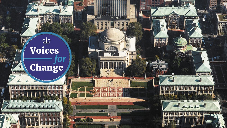 The Voices for Change logo on an aerial of Columbia University's Morningside Heights campus.