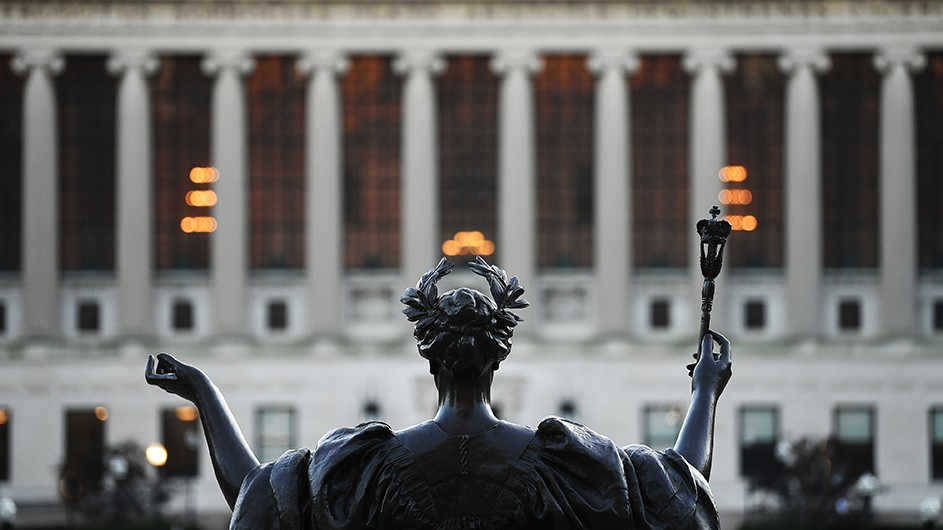 The statue of Alma Mater looks over Butler Library on Columbia University's campus.